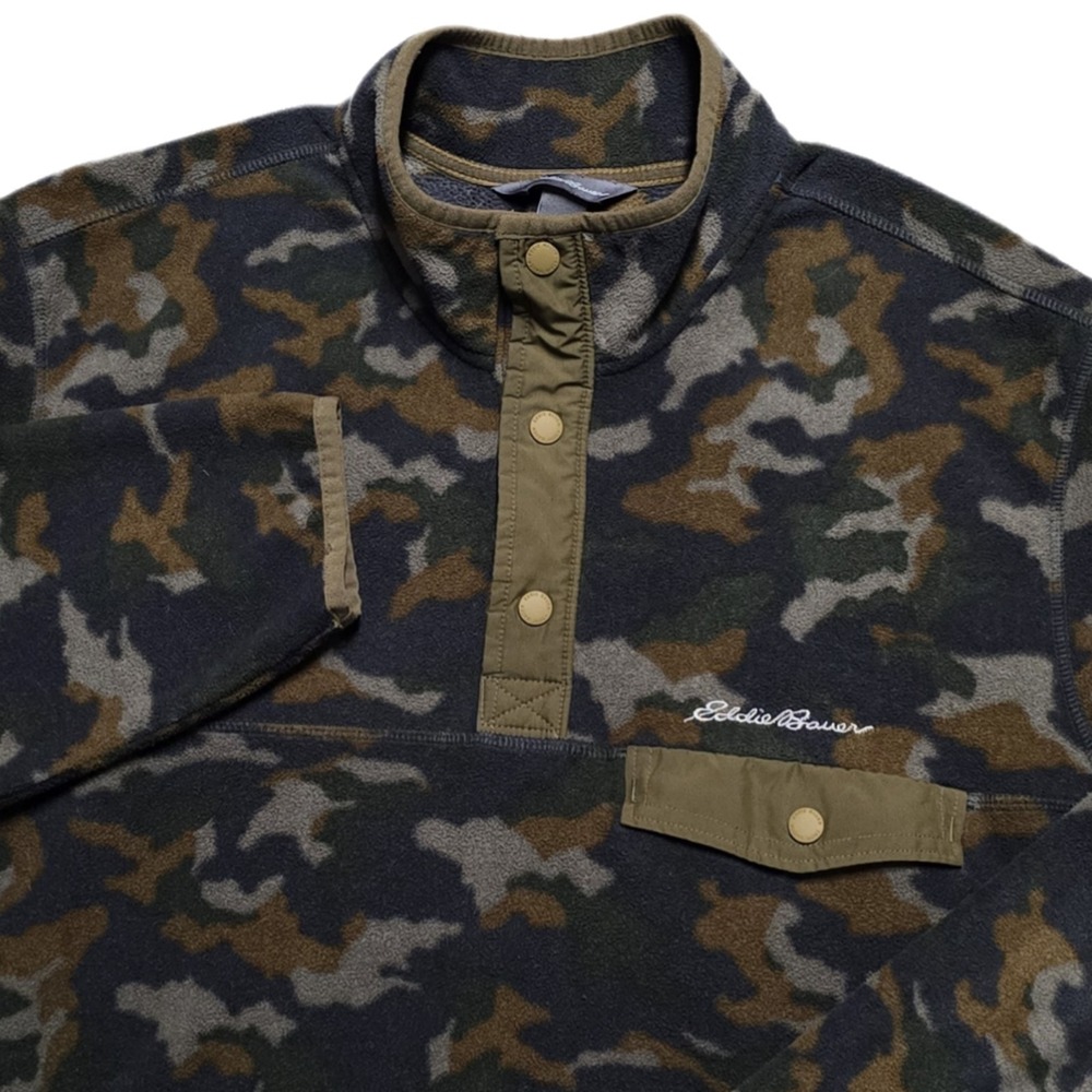 Eddie Bauer Fleece Jacket Mens L Camo Mock Neck Chutes‎ Pullover Snap